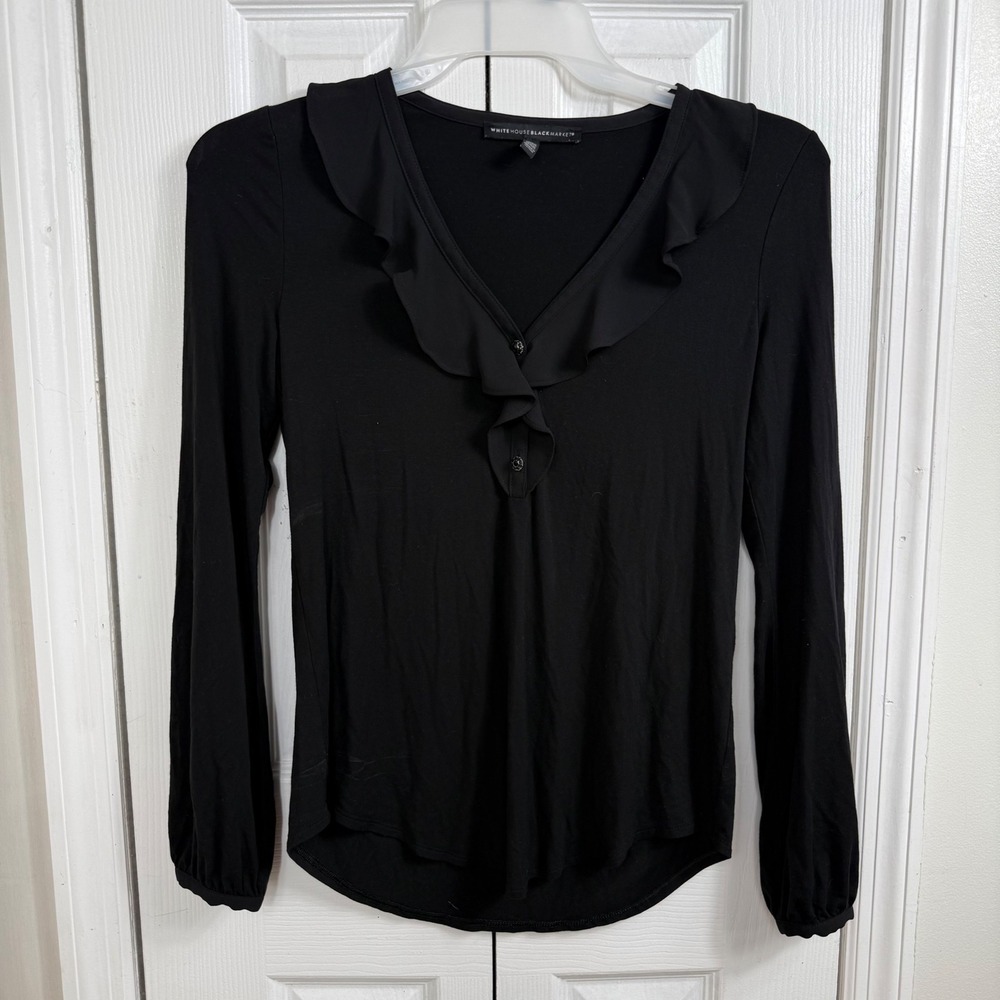 White House Black Market Ruffle Top XS Black Jeweled Button Coquette Goth Chic